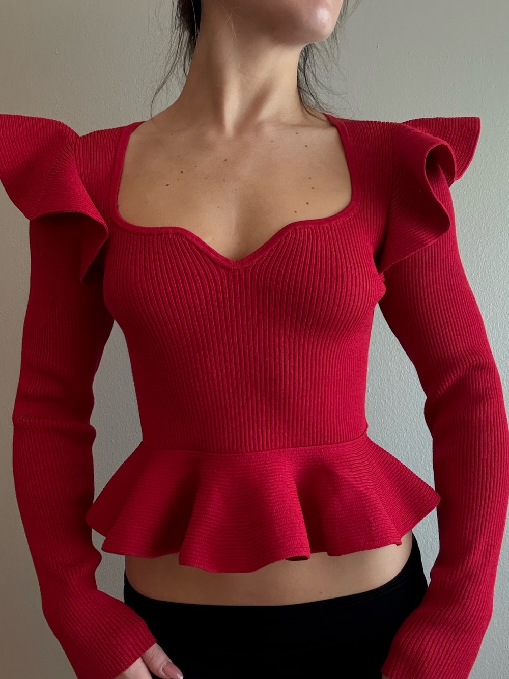 Express Red Ruffled Peplum Knit Top - Scoop Neck